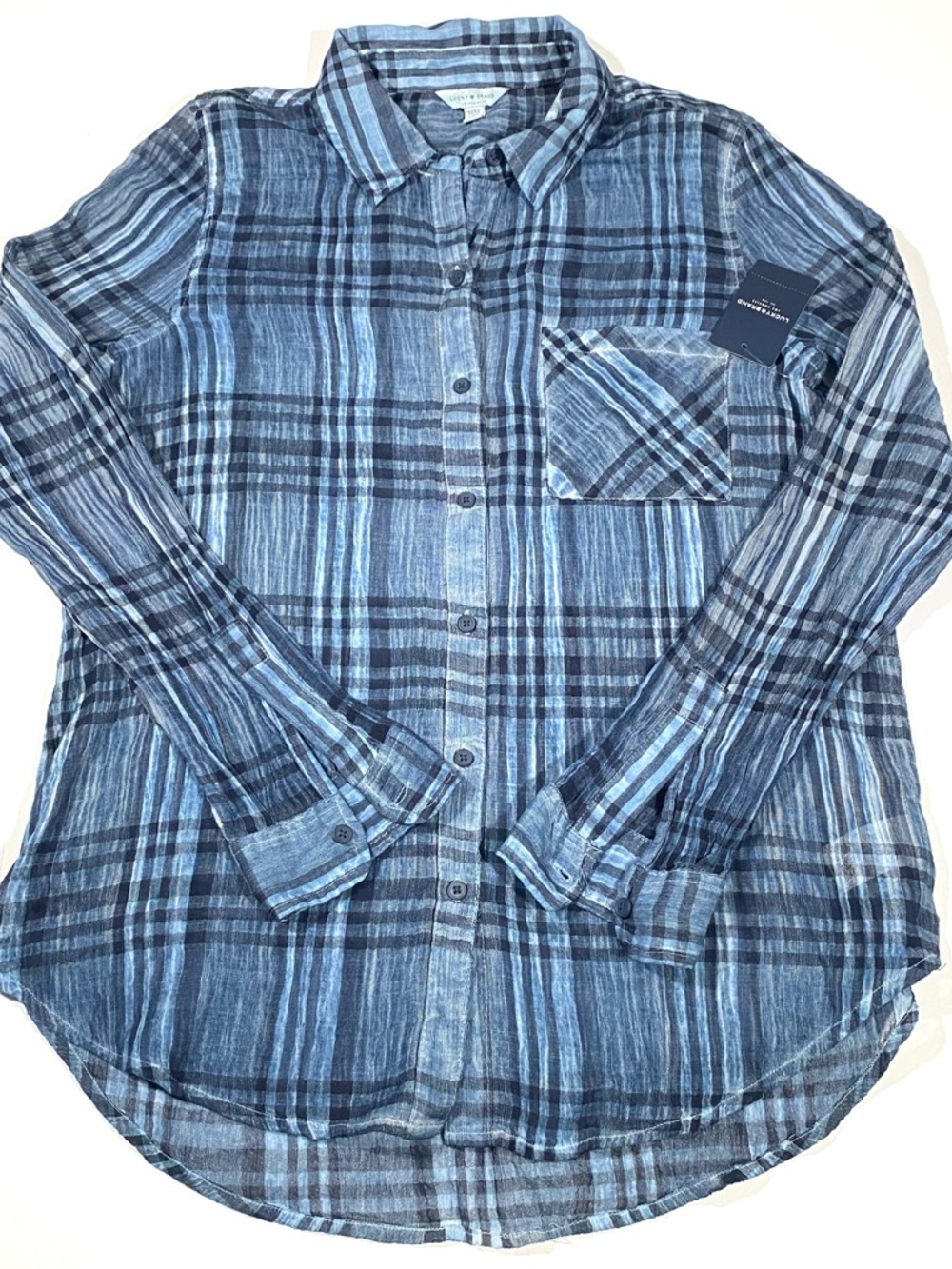 Lucky Brand Button Down Shirt Lightweight Blue Plaid Womens M Sheer Academia NWT